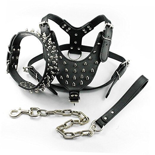 Dogs Kingdom Spiked Studdedeather Dog Pet Collar Harnesseash 3pcs Set L Black