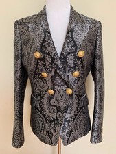 Balmain Black Paisley Jacquard Double Breasted Button Blazer Jacket Sz 42 US 10