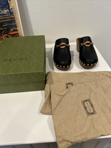 Gucci Stann Horsebit Leather Black Clogs, Gold Studded Size 38 - Picture 7 of 7