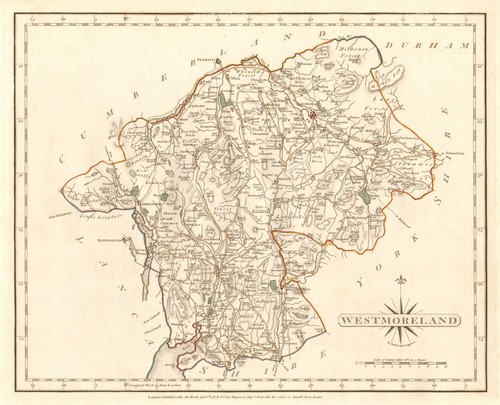 Antique county map of WESTMORELAND by JOHN CARY. Original outline colour 1787