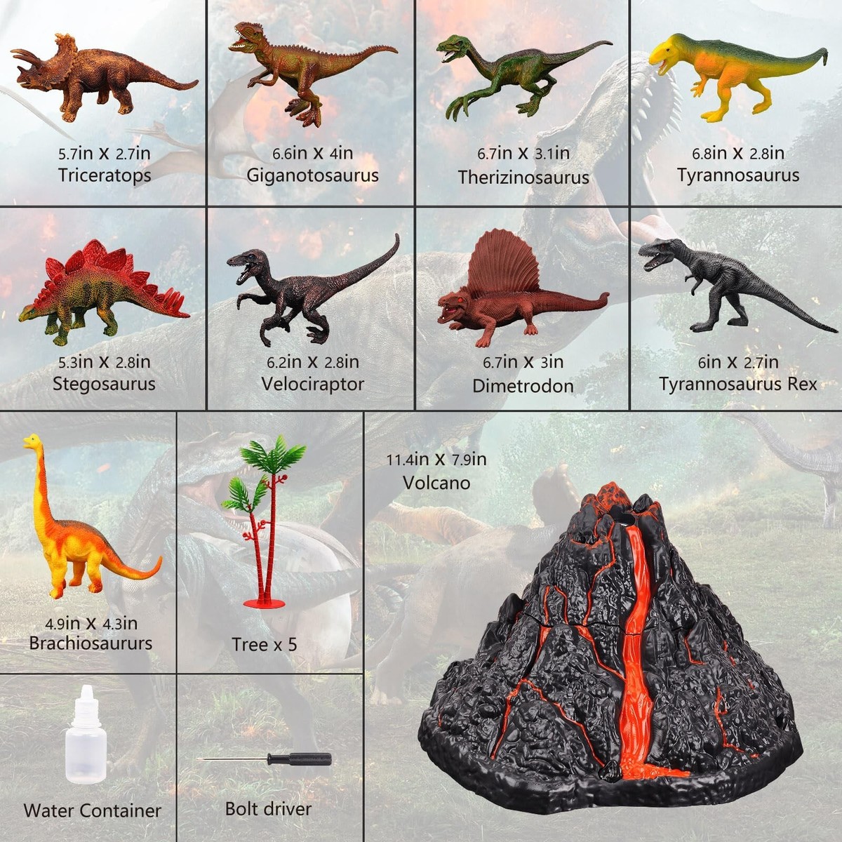 Large Volcano Set with 9 Realistic Dinosaur Action Figures for