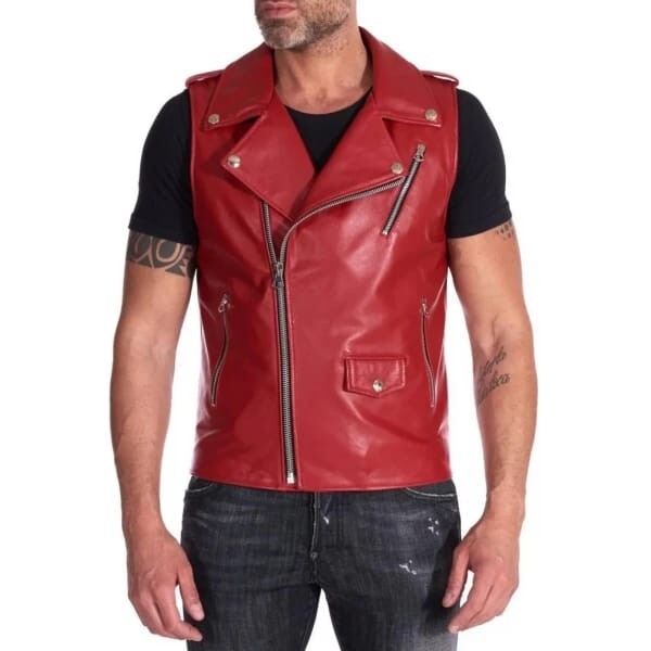 Men's Red Lambskin Leather Biker Vest with Zipper Pockets