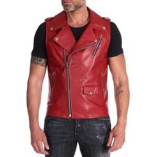 "New Mens Biker Zipper Pockets Genuine lambskin Leather Red Vest Jacket"
