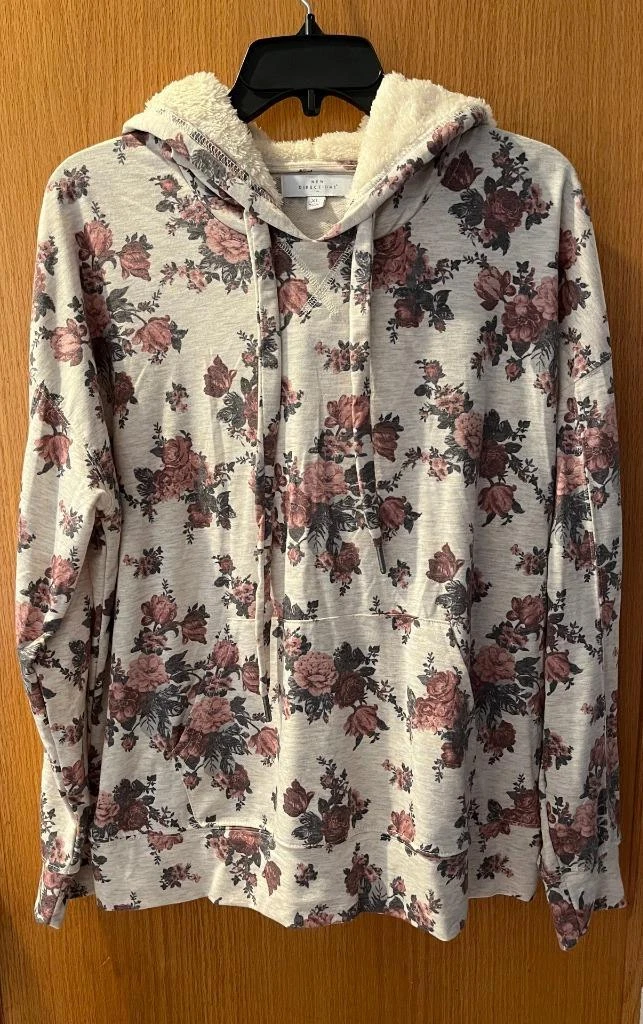 OFF WHITE Felpa Pullover Felpa con Cappuccio Sherpa Floreale NUOVE DIREZIONI Jr. XL Reg. L rosa avorio