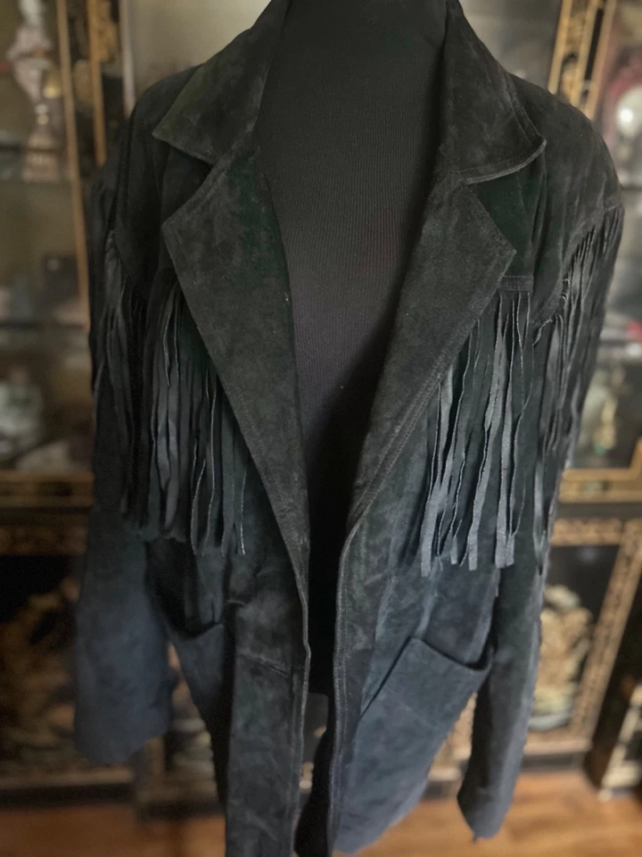 Chaqueta De Colección Learsi Negra Gamuza Flecos Motociclista Motocicleta Vaquera Occidental Prarie M Foto 3 de 4