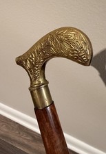 Vintage Ornate Brass Derby Walking Cane Floral Hardwood 34in 2-Piece