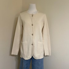 Marled Cream Knit Cardigan Blazery Gold Crest Button Sweater Jacket Ivory Medium