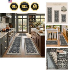 Black Kitchen Rugs Set of 3, Non-Slip Washable Kitchen Floor Mats, Low-Pile R...