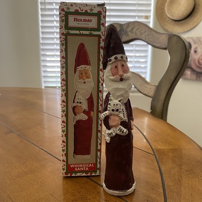 Vintage Gottschalks Christmas Whimsical Santa Cat 7.5  World Bazaars Carved Look