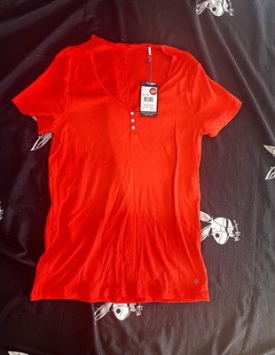 Marc O'Polo Damen T-Shirt Rot Ripp Henley V-Ausschnitt Kurzarm Knöpfe L/XL