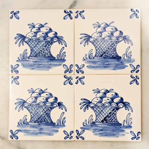 Portugal fruit basket tile, hand-painted blue and white azulejo 5.5" var. 1