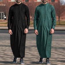 Mens Saudi Style Black Thobe Jubba Arab Robe Long Dress Islamic Muslim Clothing