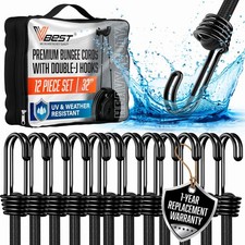VBEST 12-Pack 32" Heavy Duty Black Bungee Cords w/Hooks - UV & Weather Resistant