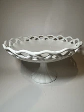 Vintage Milk Glass Pedestal Compote Bowl Open Lace Edge Fenton Style Glass 12”