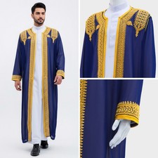 Arab Men Formal Wear Embroidered Long Thobe Jubba Loose Middle East Abaya Gown