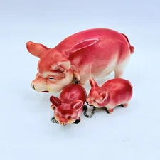 Porcelain Pig And Piglet  Figurines attached with Chain, Vintage, Japan