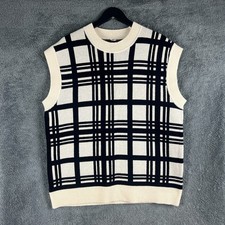 ARKET Knitted Sweater Vest Top Womens Large Cream Black Check Wool Casual Preppy