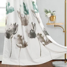 Lotus Window Curtains, Grey and Green Elegant Flowers Painting Drapes for Kit...