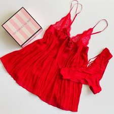LARGE Victoria  s Secret red lingerie set pleated babydoll cheeky panties