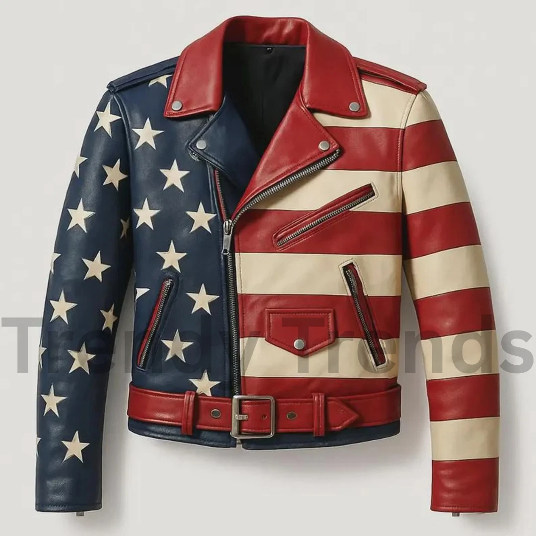 Vintage Handcrafted Retro American Flag Genuine Cowhide Leather Biker Jacket