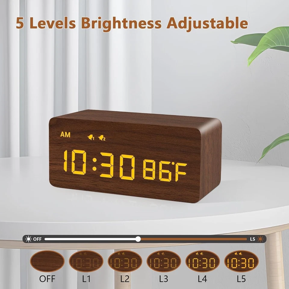 Reloj despertador digital de madera con carga inalámbrica, 0-100% atenuador, alarma doble,... Foto 3 de 4