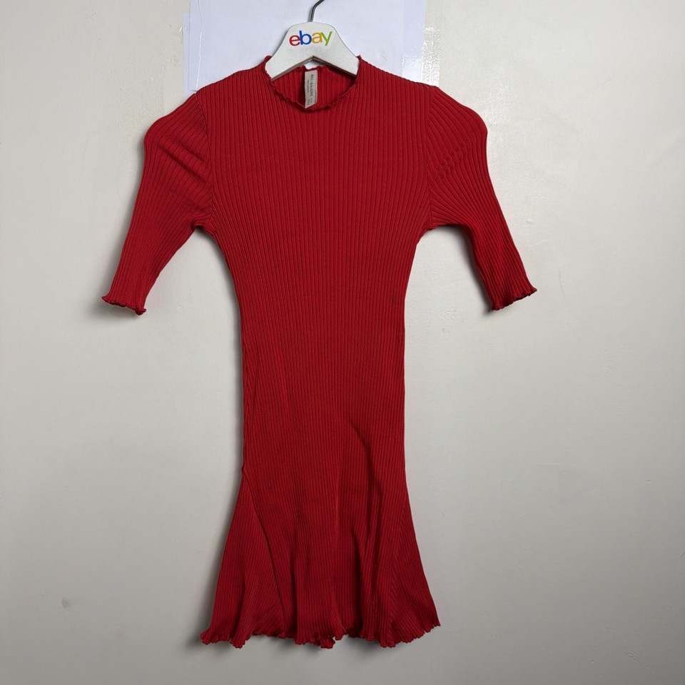 Bec + Bridge Ribbed Knit Dress Red Short Sleeve Bodycon Midi AUS 8