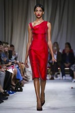 Oscar De La Renta Red Silk Midi Dress Asymmetric Draped Textured Ruby US 6 M EUC