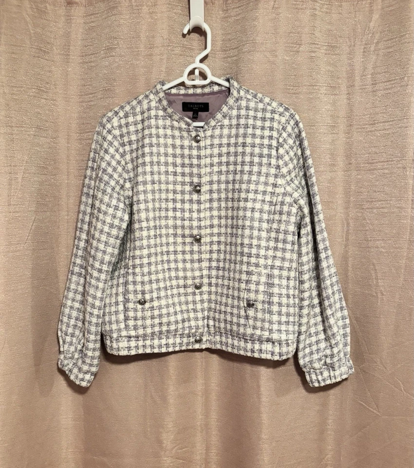 Bombardero de cinco botones Talbots para mujer talla PL púrpura guinga tweed mezcla de algodón Foto 3 de 4