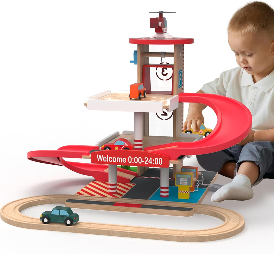 Toy Car Garage with Rails, Wooden Parking Garage Toy Playset W/Elevator ...
