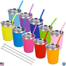 Vibrant 10-Pack Kids Stainless Steel Cups with Straws  Lids - 12oz Tumblers
