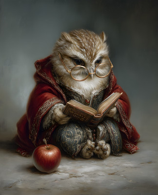 8x10 Owl Dressed as King Reading a Book Art Print - 470651449
