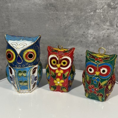 Vintage Colorfull  Miniature Cloisonne Enamel 3 OWL Figurines 2 Ornaments