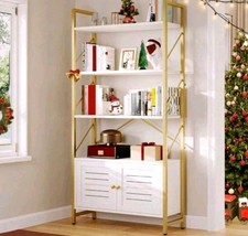 Modern 5 Tier Bookcase Storage Unit Display Rack with Cabinet Gold Frame