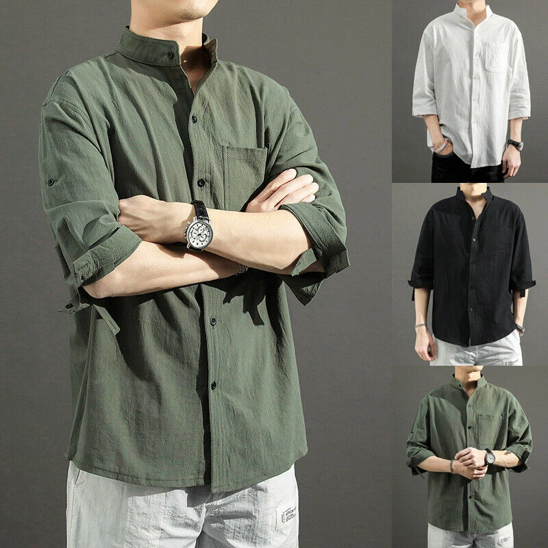 Men Shirt Long Sleeve Cotton Linen T Shirts Solid Color Button Down Shirt Casual