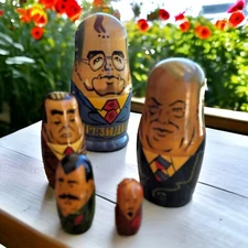 Vintage USSR Hand Painted Russian Politician Wood Nesting Dolls 5 President