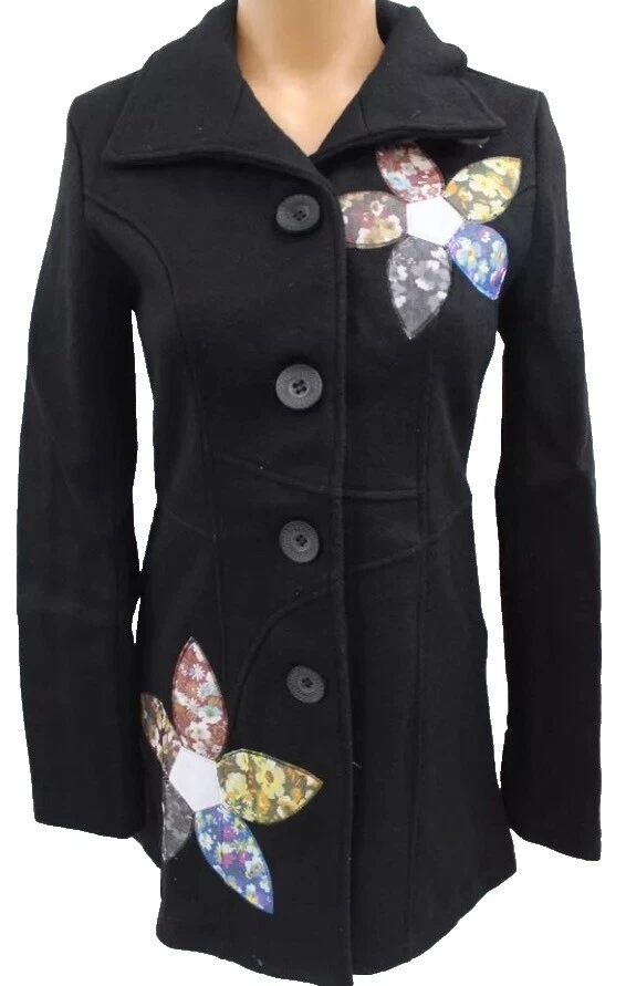Pea Coat negro Floral abrigos, chaquetas y chalecos para Mujeres