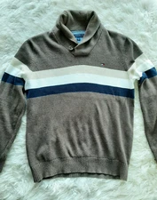 Tommy Hilfiger Men's Cotton Coffee Brown and Navy Shawl Collar Sweater Siz L
