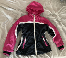 Lands End Girl Medium 5-6 Youth Outer Coat Jacket Pink Black Ski Snow Hooded Zip