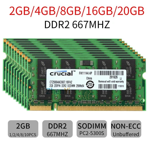 20Go 16Go 8Go 4Go 2Go DDR2 667MHz PC2-5300S 200Pin SODIMM Laptop Mémoire Crucial