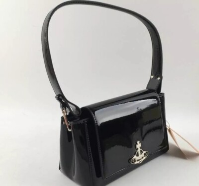 Vivienne Westwood Hazel Patent Medium Handbag Black Silver Orb New