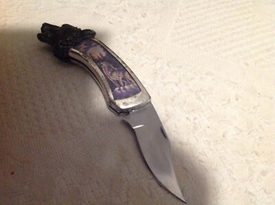 Used Franklin Mint Timber Wolf Howling Collector's Folding Pocket Knife GC