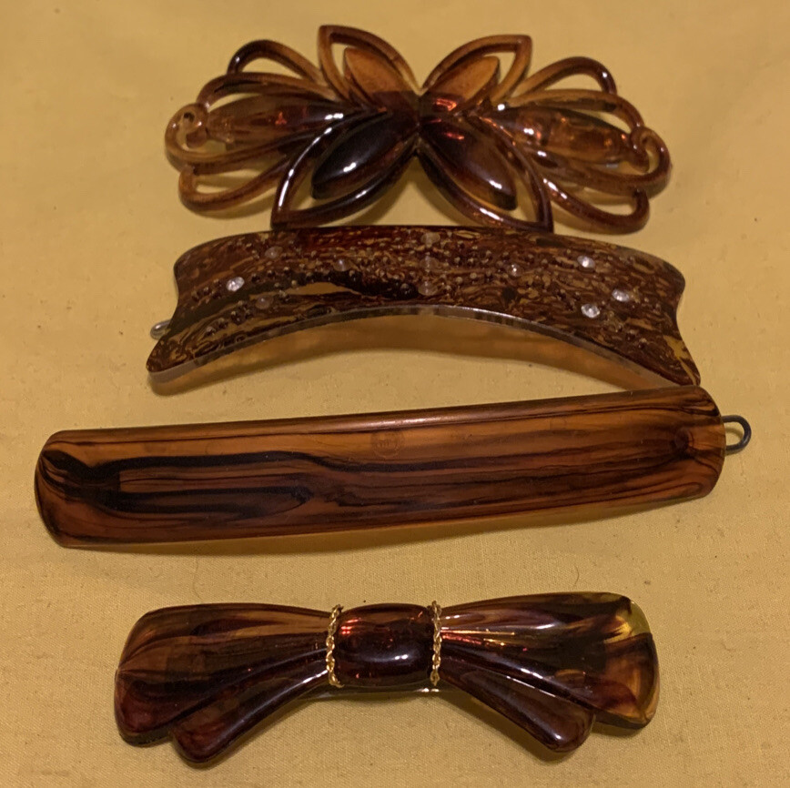 Brown Vintage Hair Barrettes With Clasps Lot Of 4 Gem