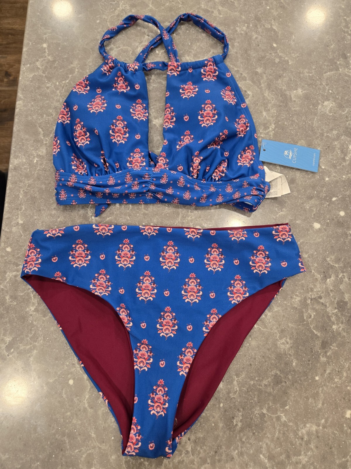 Swimsuit,  Blue Mulberry Floral, High-Waisted 2 Piece,Small NWT By CUPSHE-image