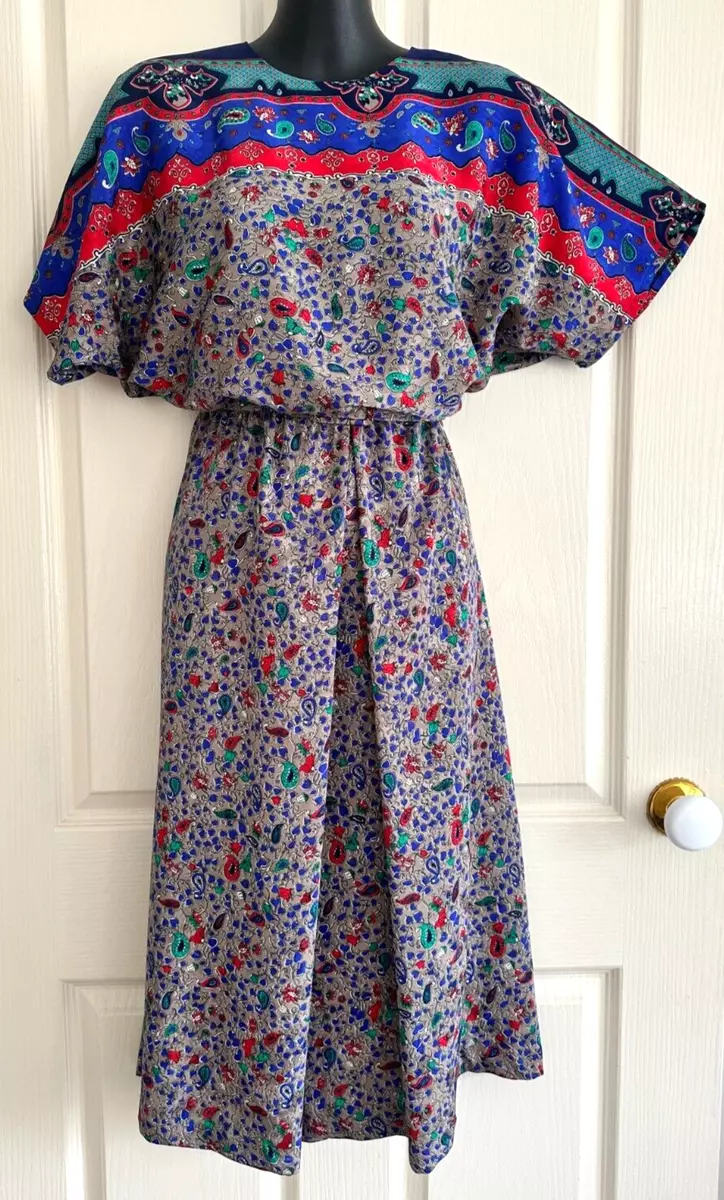 1980s VINTAGE STITCHES BATWING SLEEVE PAISLEY PRINT DRESS 80s