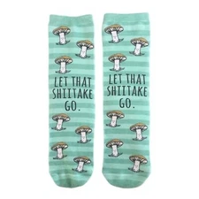 Let That Shitake Go Socks Mushroom Novelty Unisex Pun Green Stripe One Size NWT
