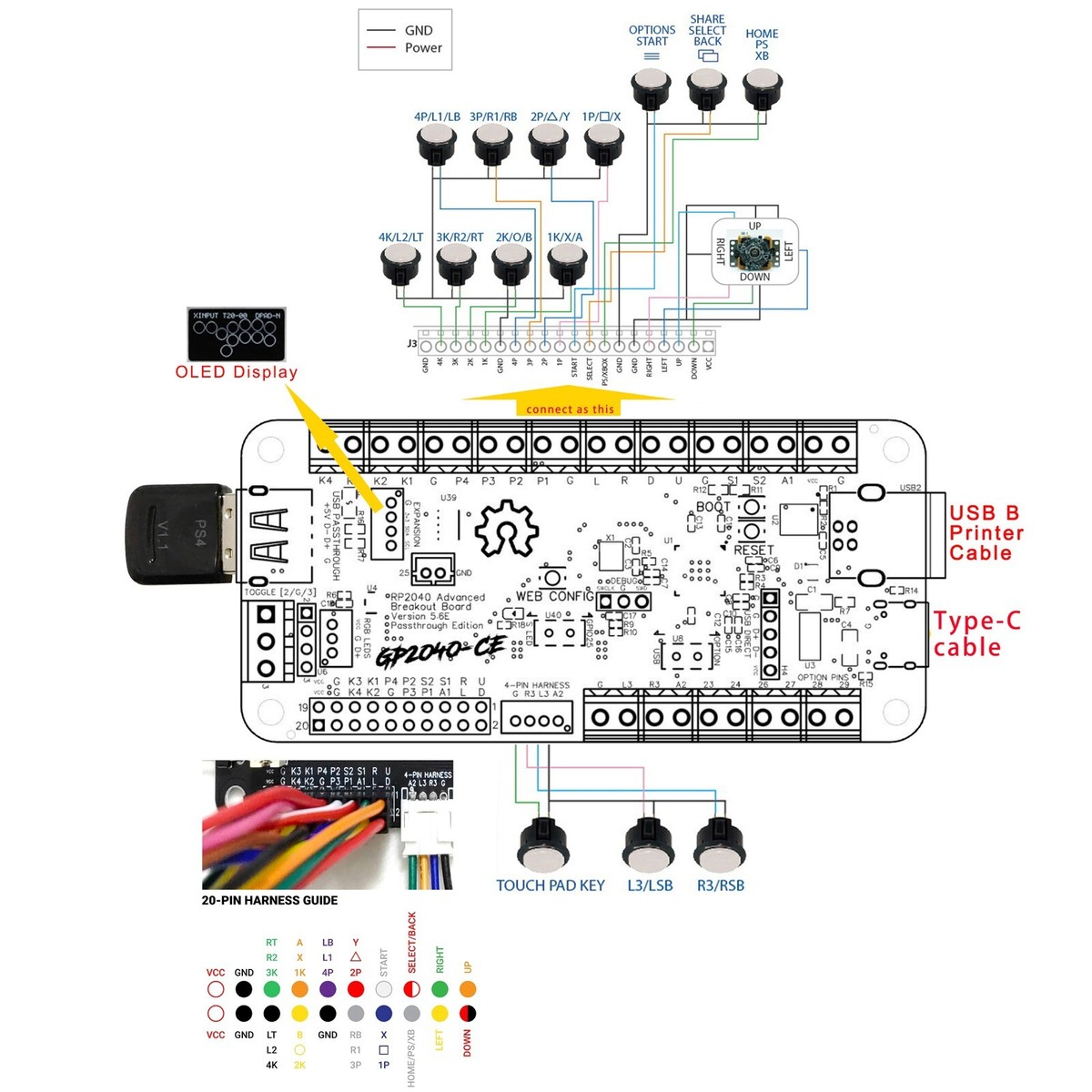 RP2040 Advanced Breakout Board USB Passthrough Fighting Board for