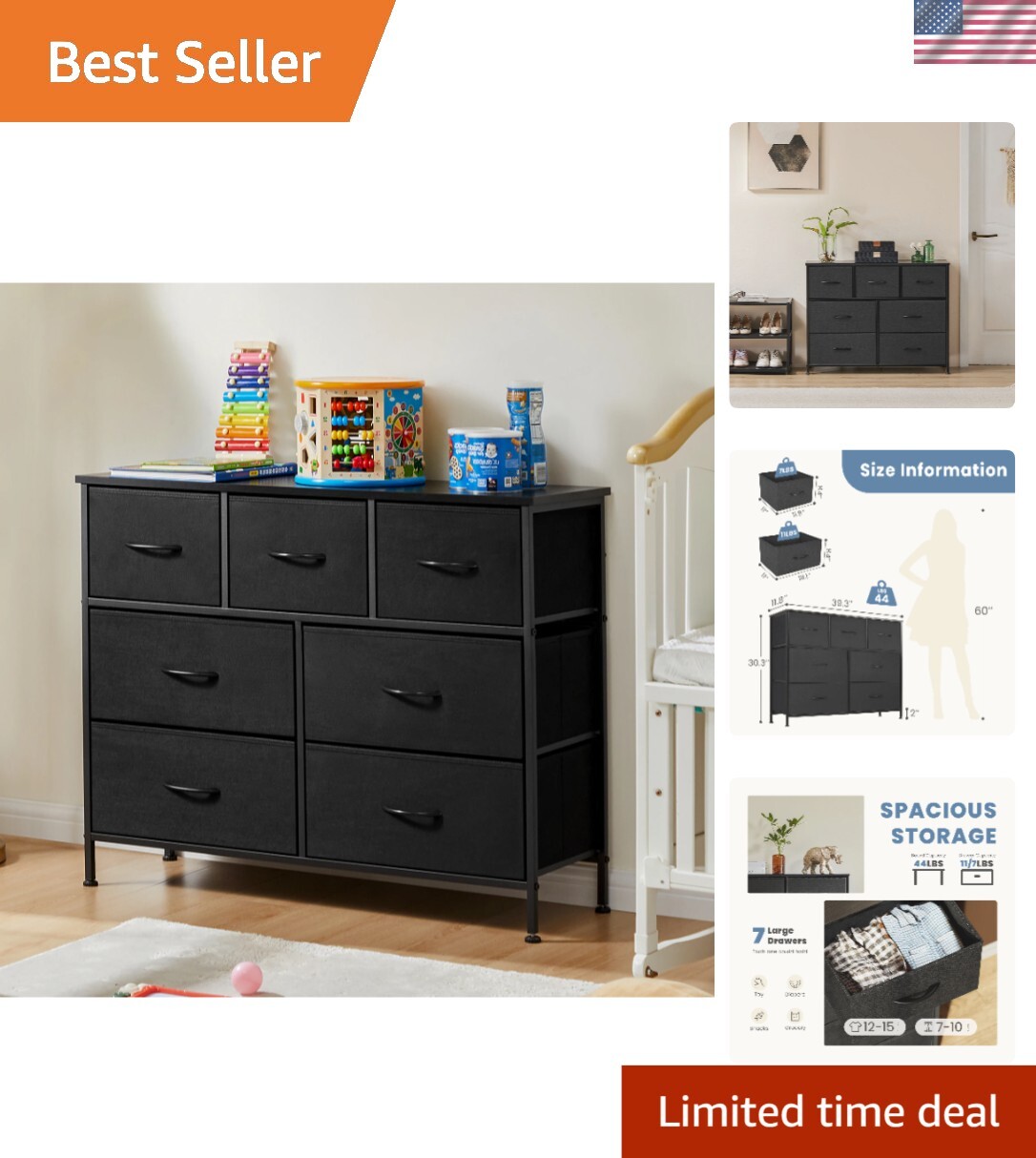 JHK Desser For Bedroom With 7 Fabric Drawers Organizer Storage Closet Chest C...-image