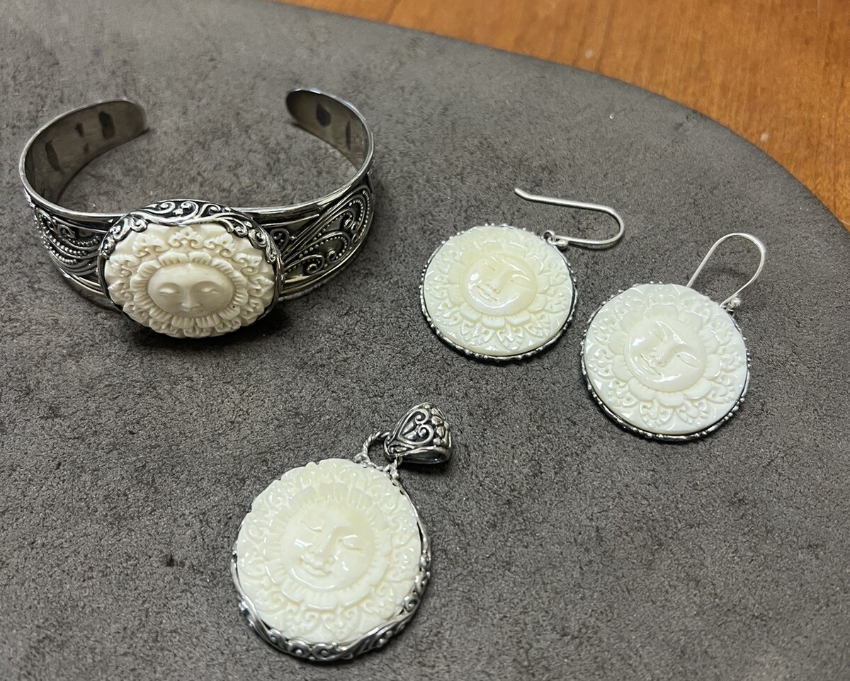 .925 Sterling Silver Bali Goddess Carved Shell  Cuff Bracelet 8” 77G Jewelry Set