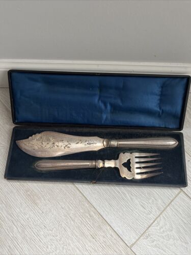 Antique Fish Knife Fork Set Silver-Plated Handle Hallmarked w/Original Box