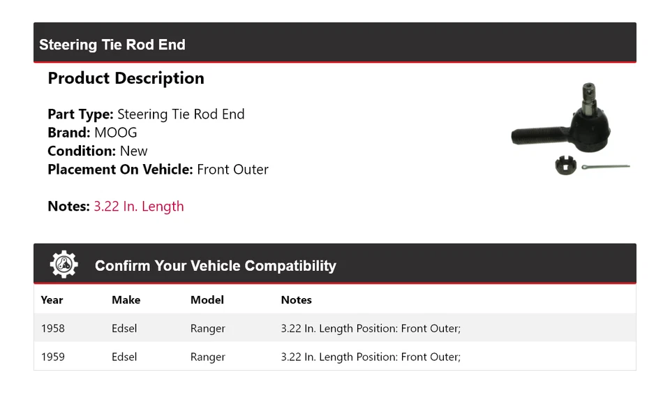 Для 1958-1959 Edsel Ranger конец рулевого анкерного стержня передний внешний MOOG - Изображение 2 из 4